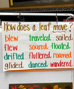 literature, charting, first nex, last, vocabulary, action verbs, writing samples