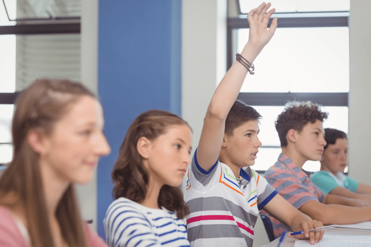 student raising hand in classroom