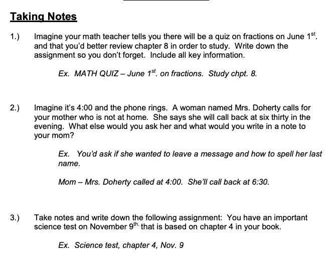 Quick Writes – Taking Notes